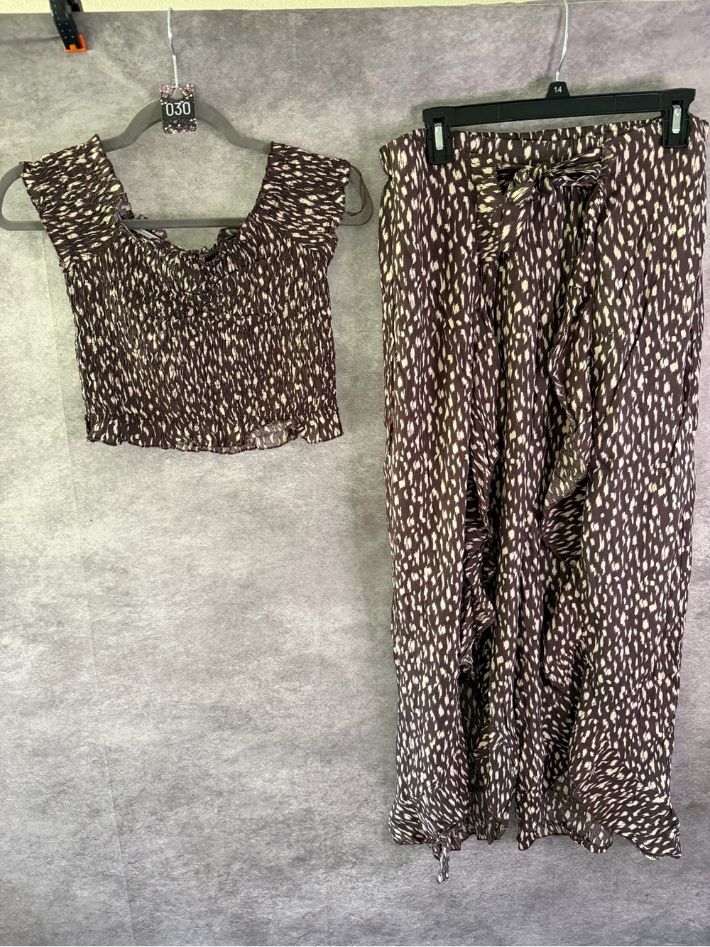 Brown Printed Pant Set with Cropped Top - Coordinated Two-Piece